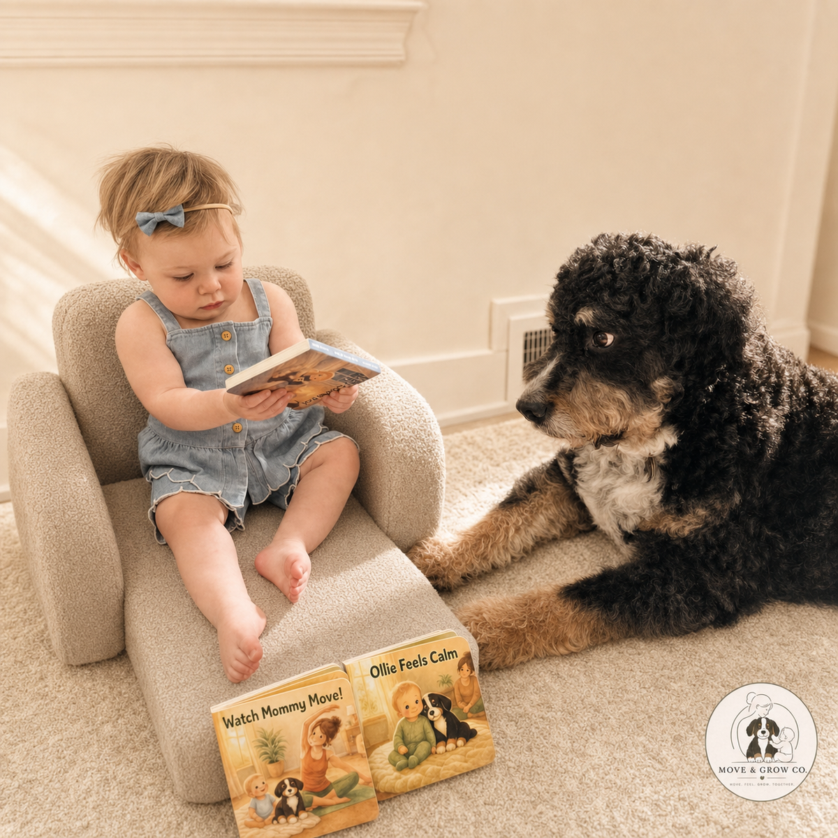 A little one reading with Ollie and MOVE & GROW CO. board books