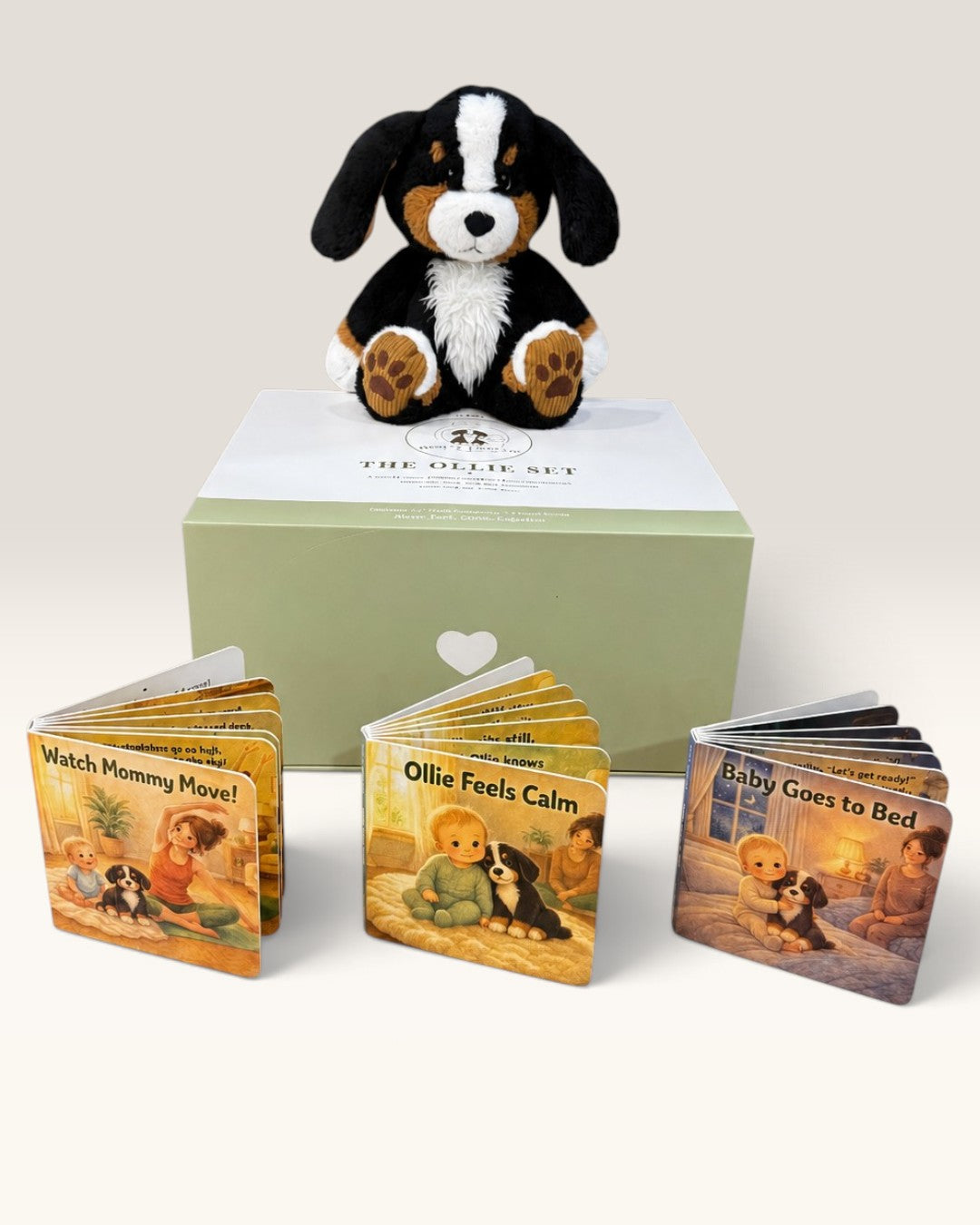 The complete Ollie Set with Ollie plush, three board books, and magnetic keepsake box