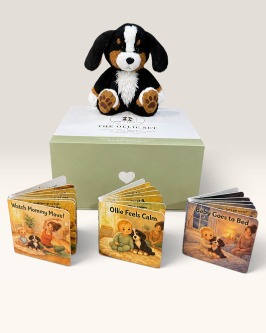 The complete Ollie Set with Ollie plush, three board books, and magnetic keepsake box
